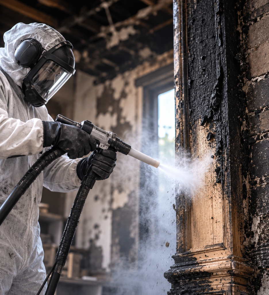 Dry ice blasting fire damage restoration technician